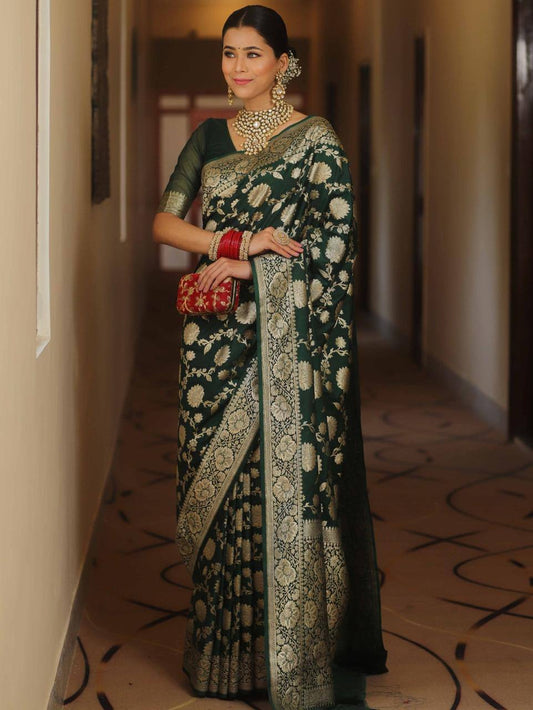 Adorable Dark Green Soft Silk Saree with Blissful Blouse Piece