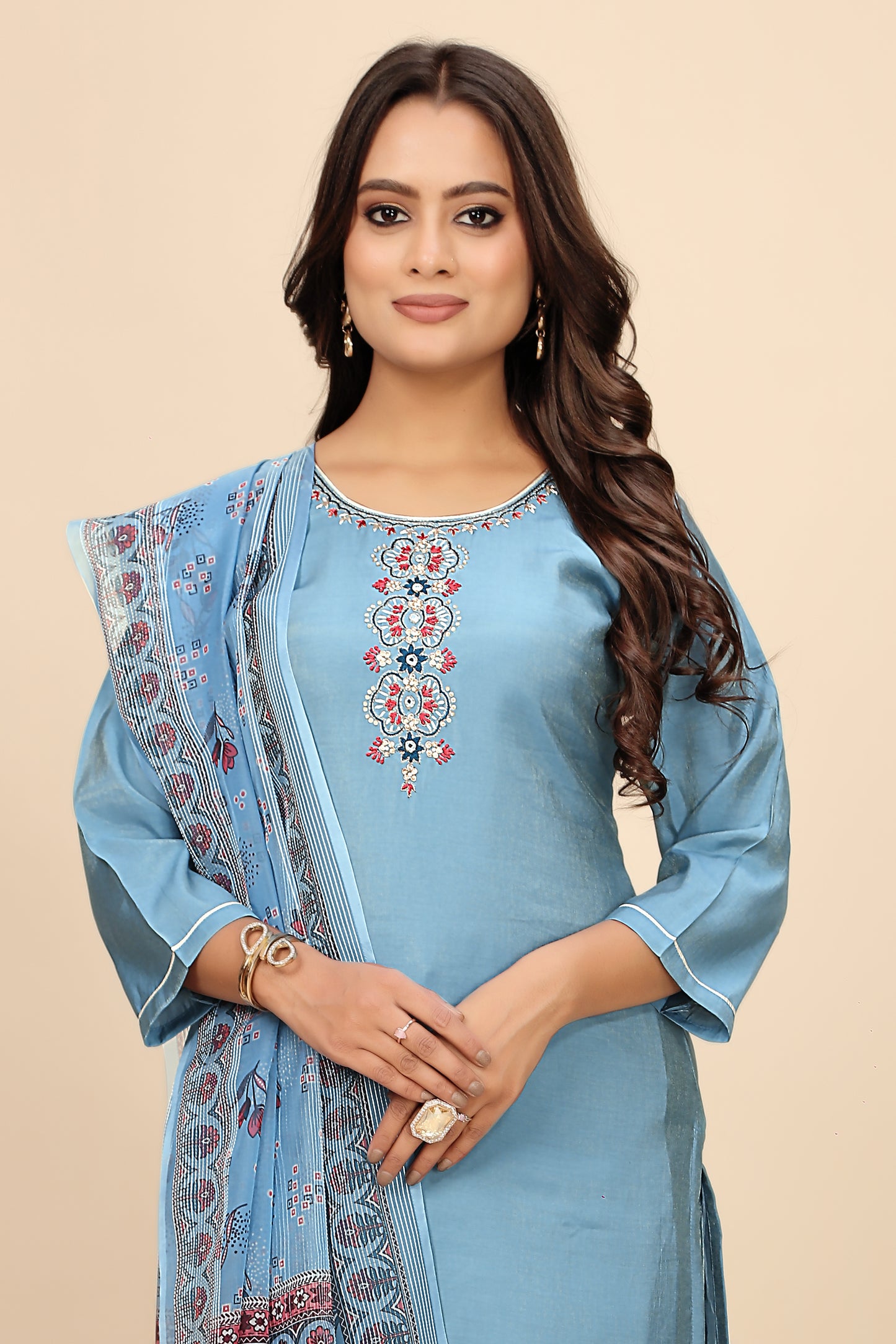 Premium Embroidered Blue Kurta Set with Pant and Matching Dupatta