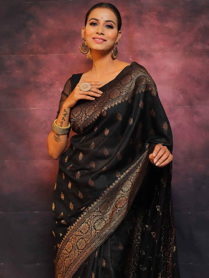 Sophisticated Black Soft Silk Saree With Twirling Blouse Piece