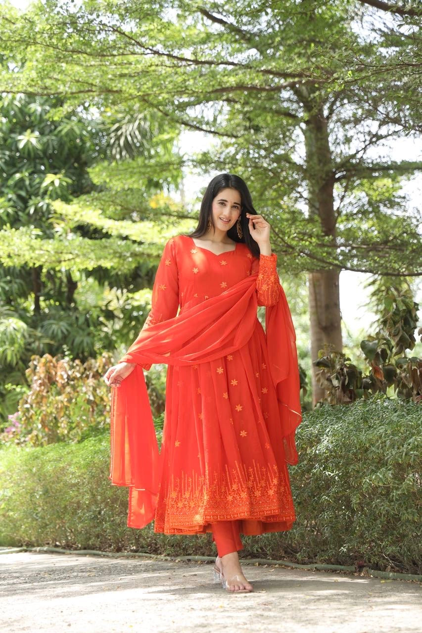 Vibrant Orange Anarkali with Delicate Floral Embroidery and Matching Dupatta