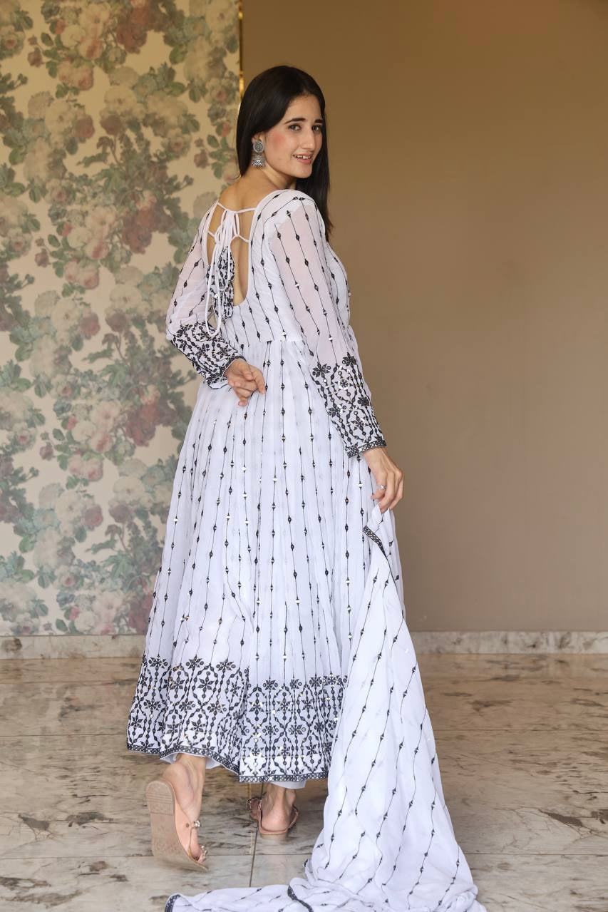 Designer White Anarkali Suit with Black Threadwork Dupatta and Pant