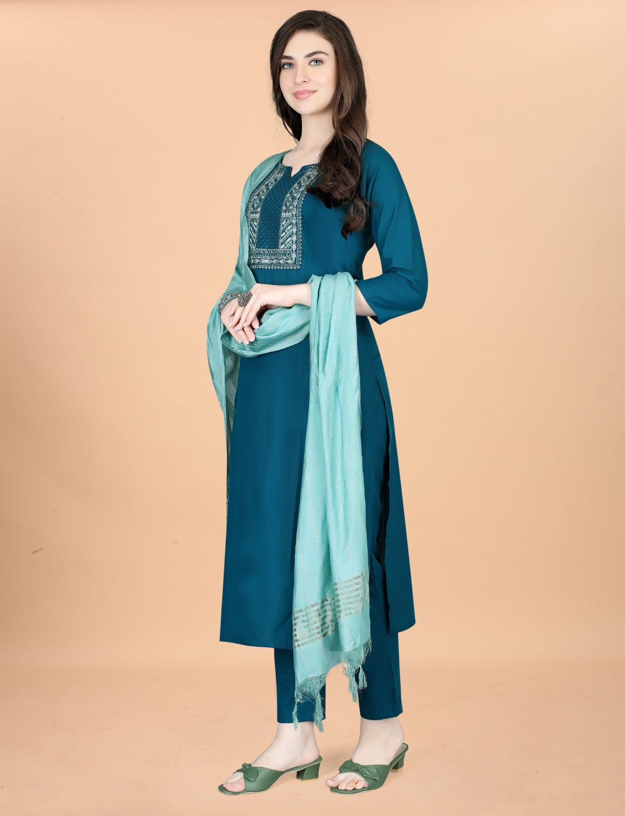 Traditional teal kurta with embroidery and matching pant and dupatta