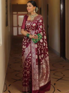 Enamoring Wine Soft Silk Saree with Eclat Blouse Peice