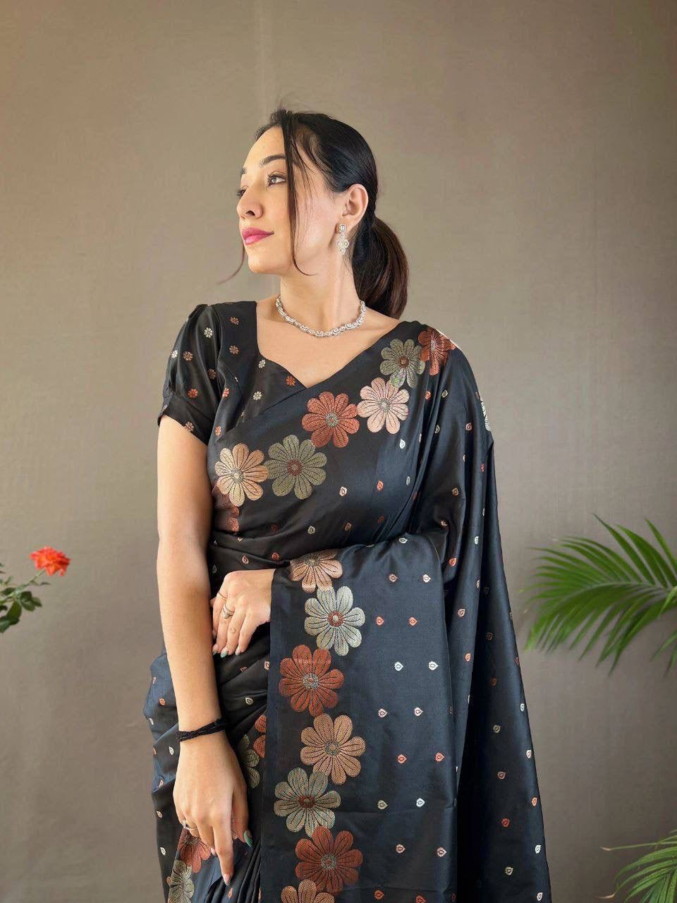 Black Satin Saree with Delicate Polka Details and Vibrant Floral Borders