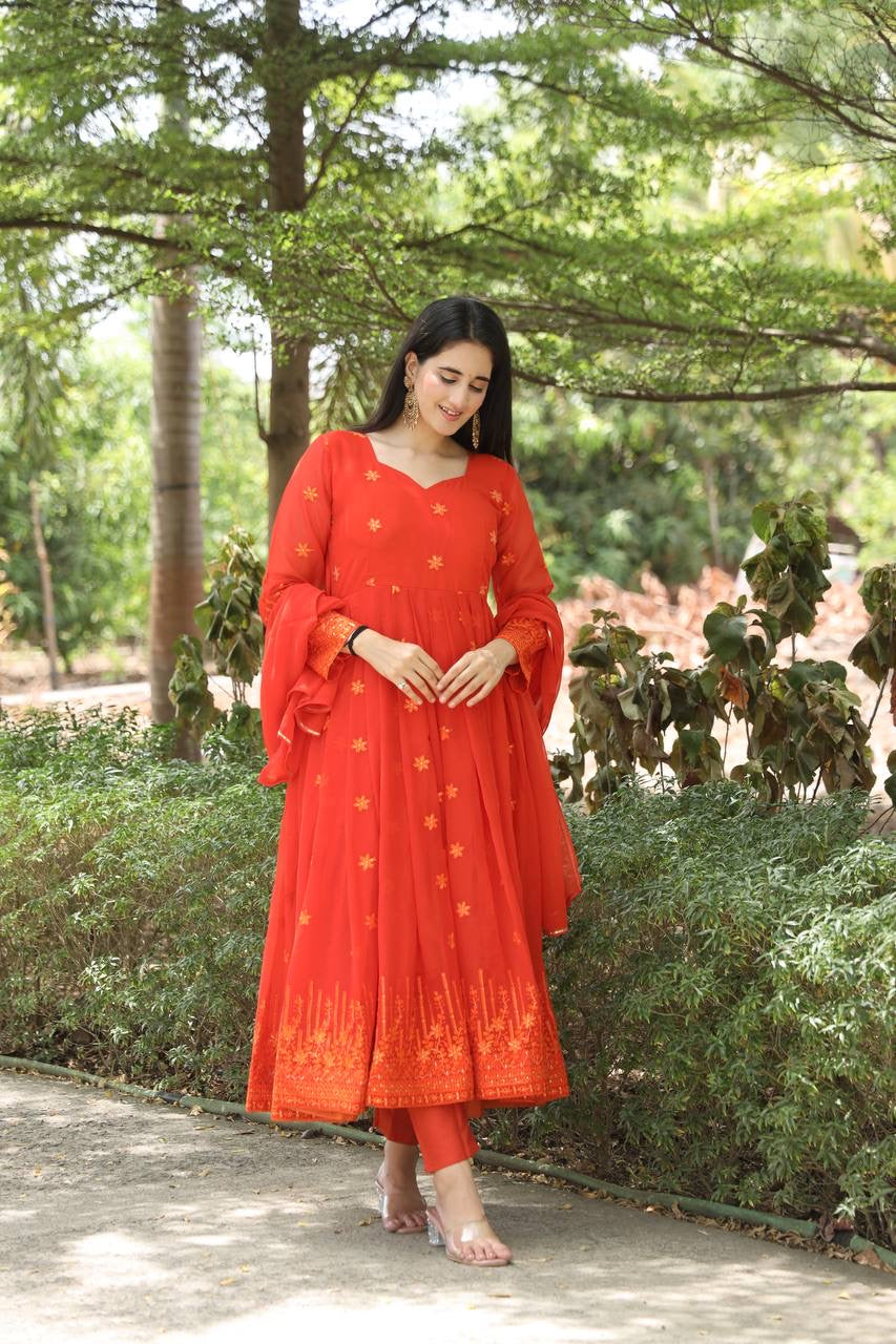 Vibrant Orange Anarkali with Delicate Floral Embroidery and Matching Dupatta