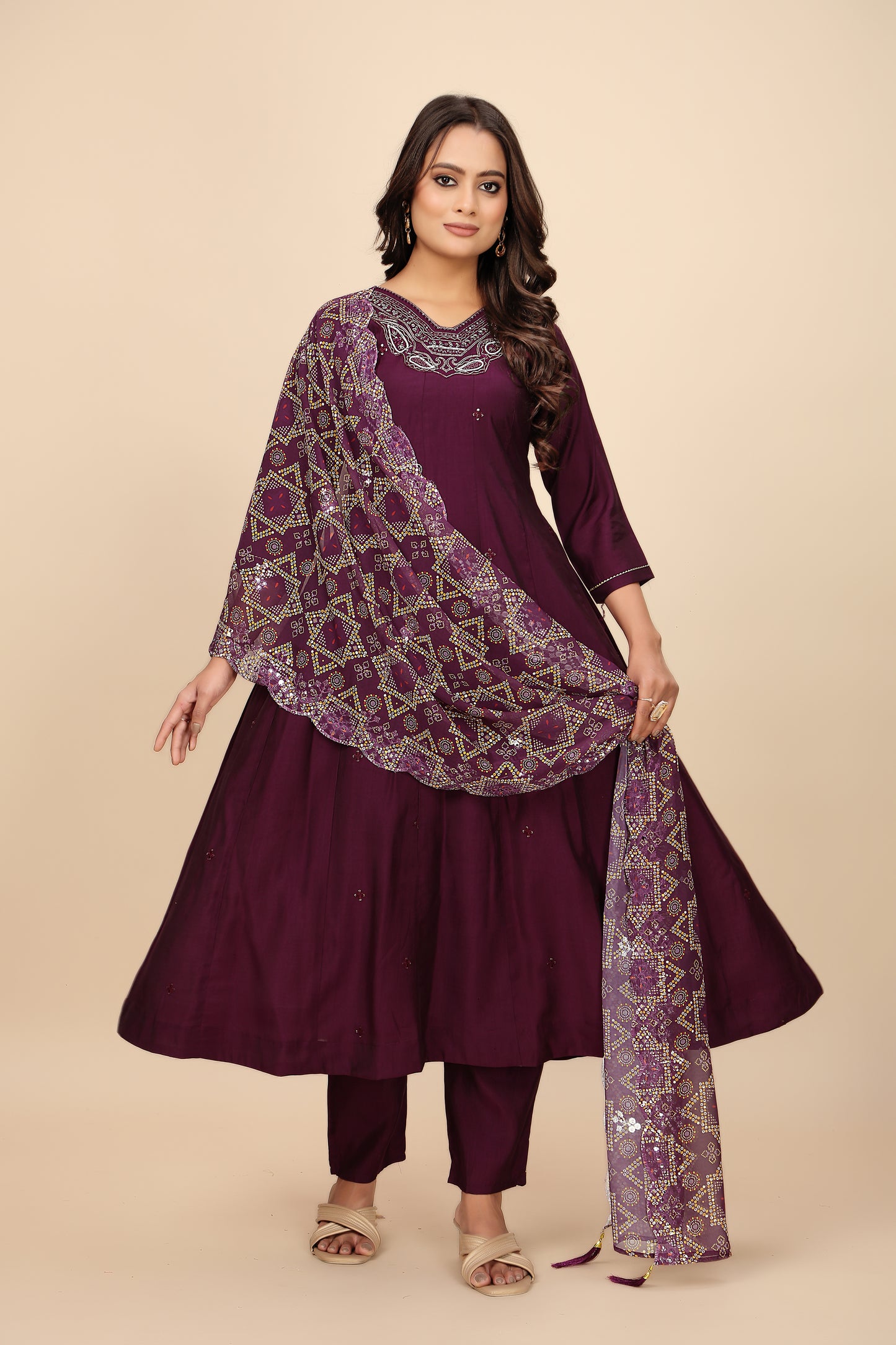 Rich Maroon Three-Piece Suit with Embroidered Details and Sheer Bandhani Dupatta