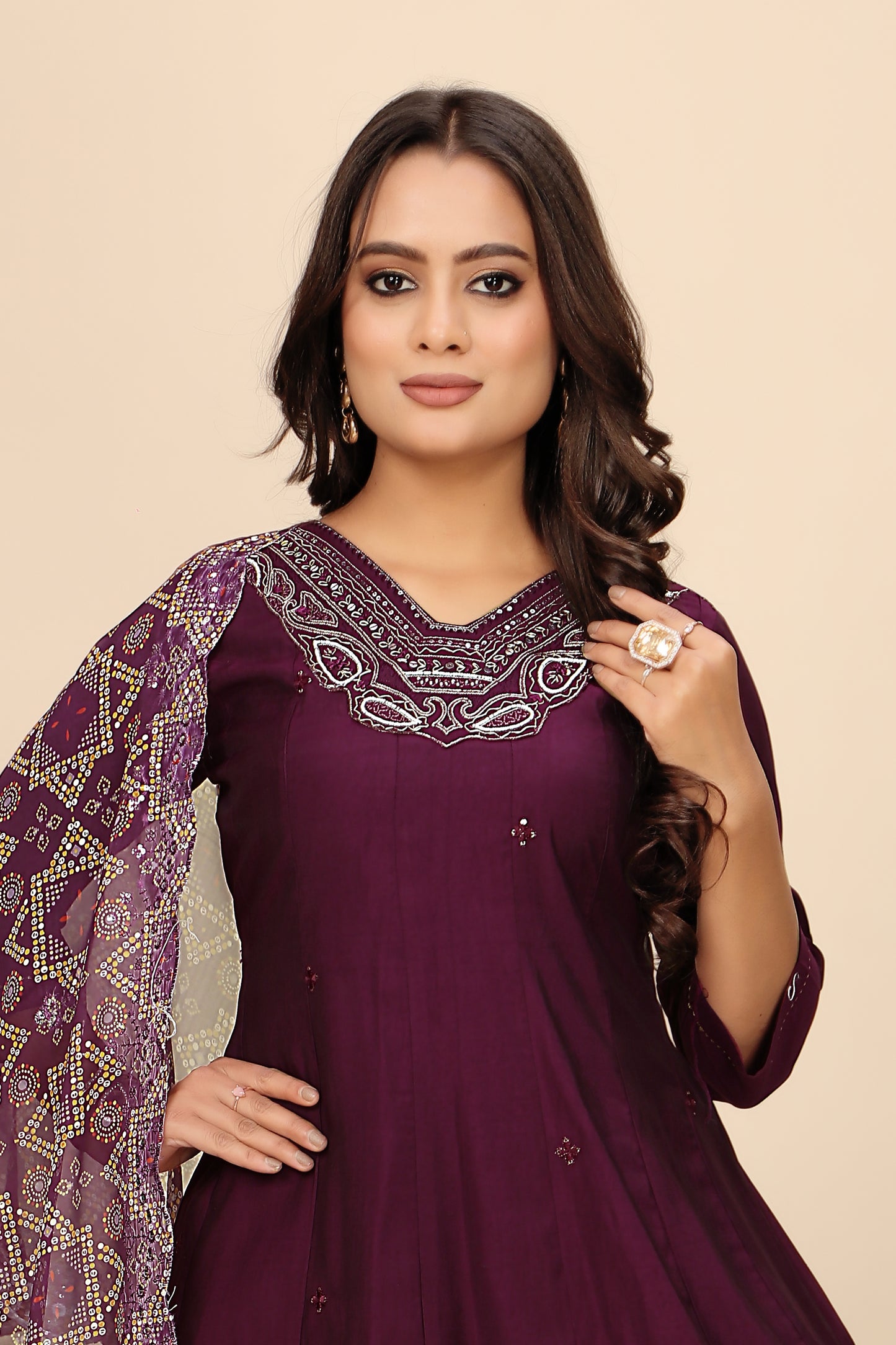 Rich Maroon Three-Piece Suit with Embroidered Details and Sheer Bandhani Dupatta