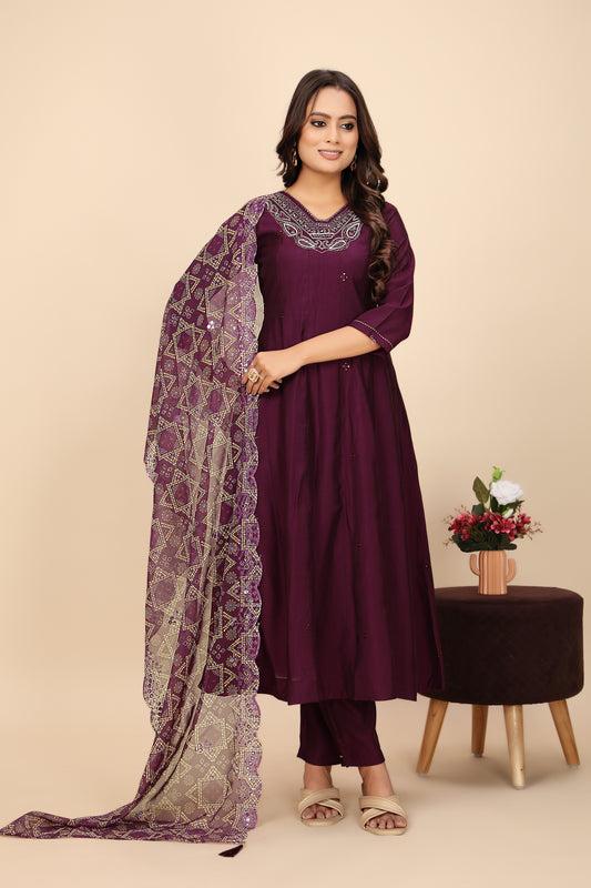 Rich Maroon Three-Piece Suit with Embroidered Details and Sheer Bandhani Dupatta