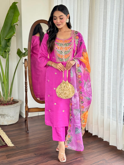 viscose pink embroidered kurta set for festive charm