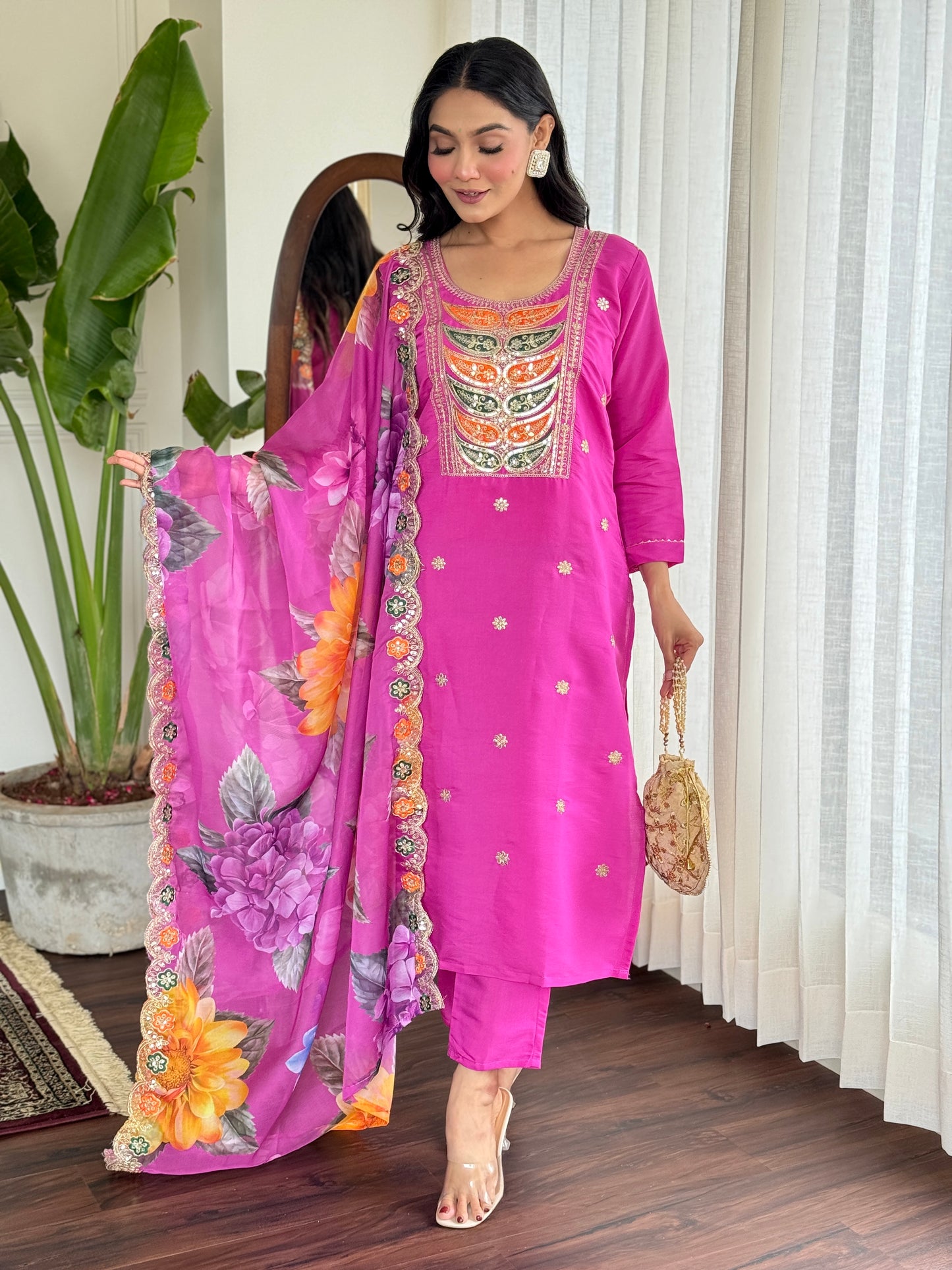 viscose pink embroidered kurta set for festive charm