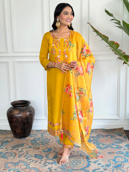 Chic Festive Wear Yellow Kurta set with Intricate Embroidery