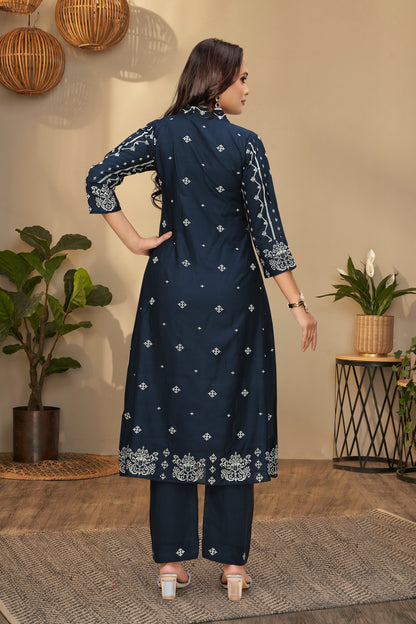 Serene Indigo Embroidered Kurta and Pant Set