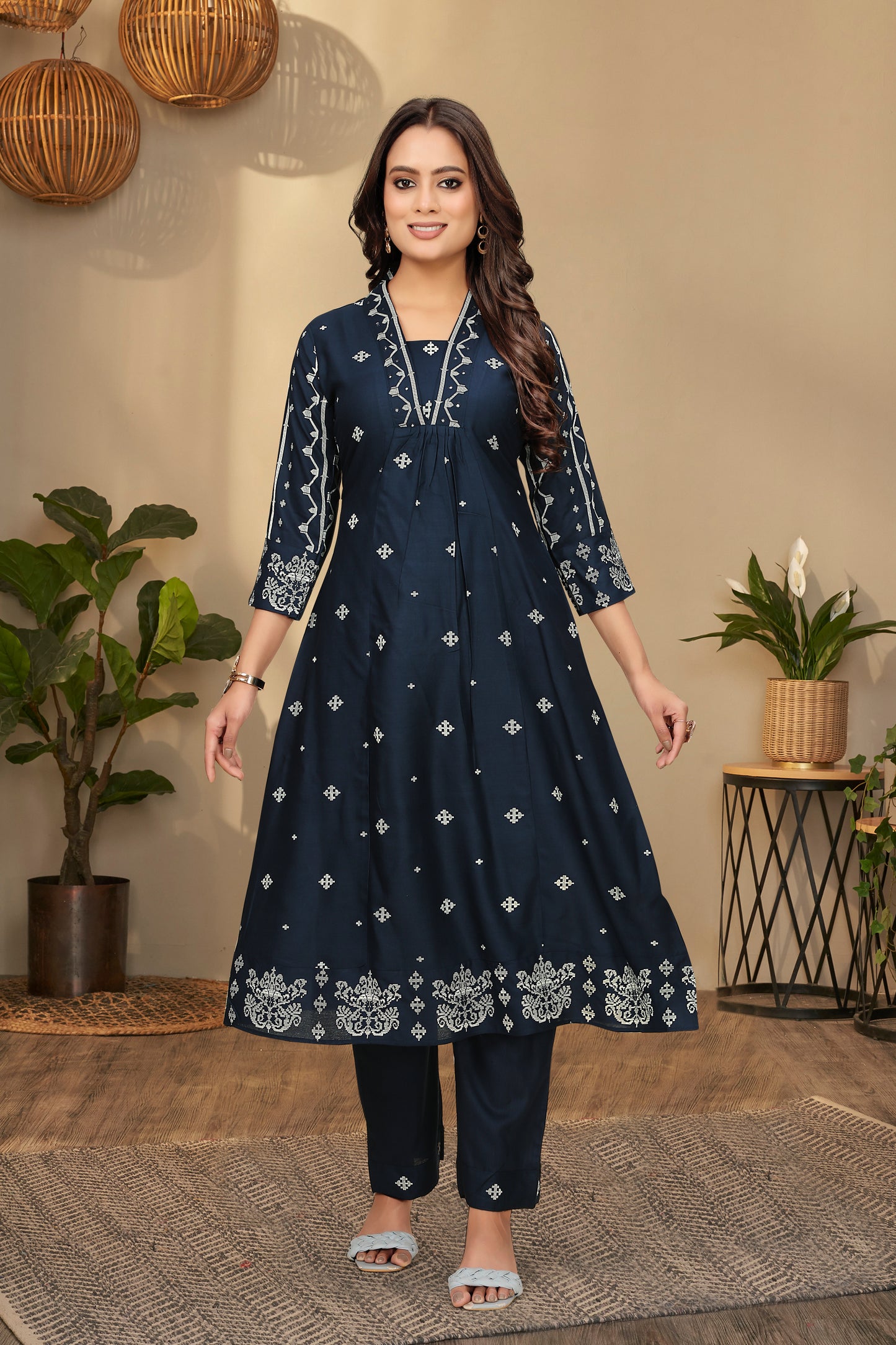 Serene Indigo Embroidered Kurta and Pant Set