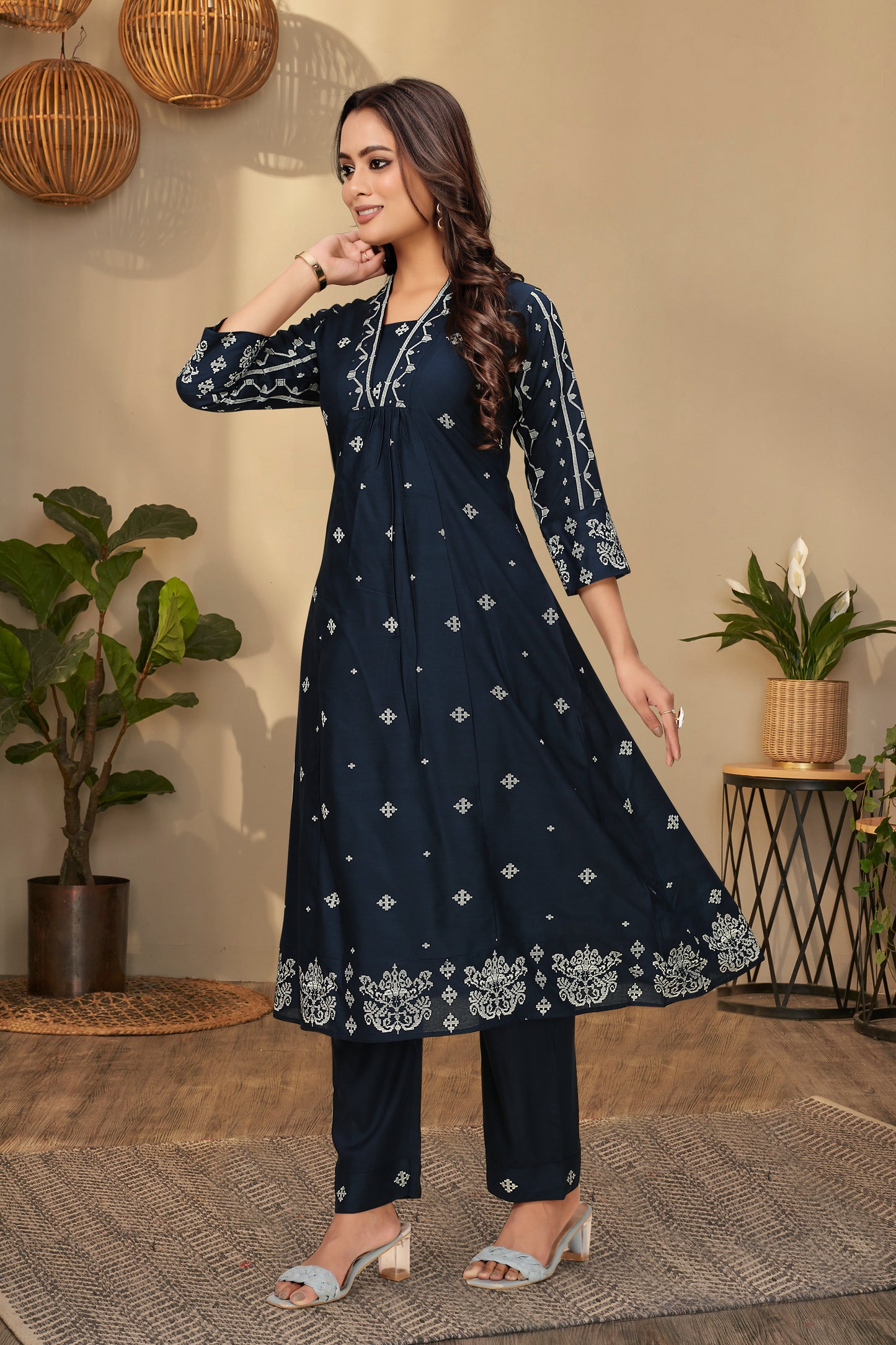 Serene Indigo Embroidered Kurta and Pant Set