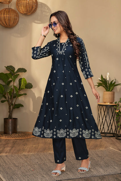 Serene Indigo Embroidered Kurta and Pant Set