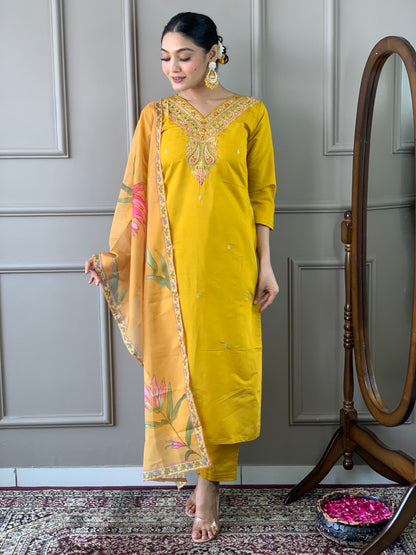 Mustard Embroidered Viscose Chanderi Kurta Set