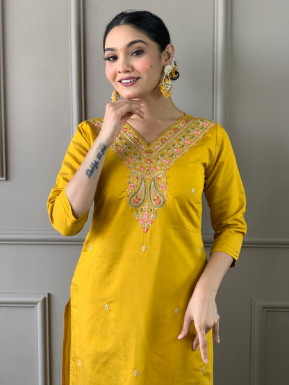 Mustard Embroidered Viscose Chanderi Kurta Set