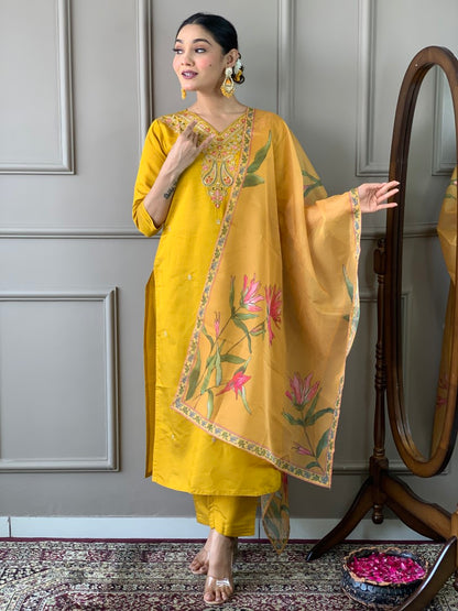 Mustard Embroidered Viscose Chanderi Kurta Set