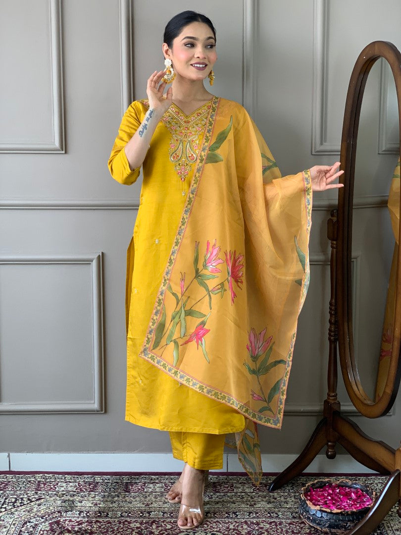 Mustard Embroidered Viscose Chanderi Kurta Set