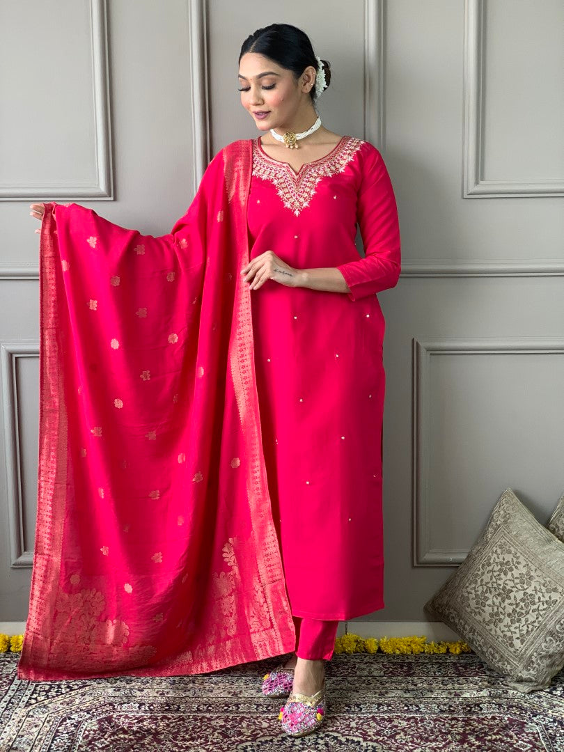 Women Ethnic Motifs Embroidered Regular Sequinned Chanderi Silk Kurta With Trousers And With Dupatta