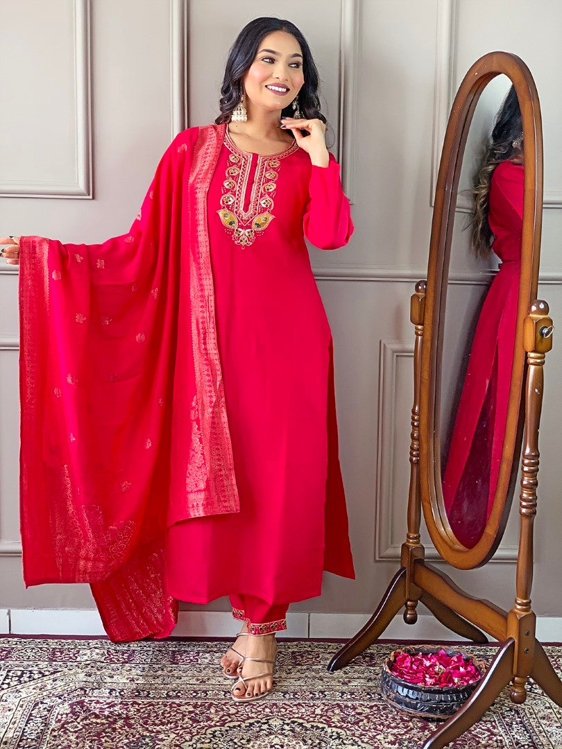 Embroidered Rayon Pakistani Suit in Pink