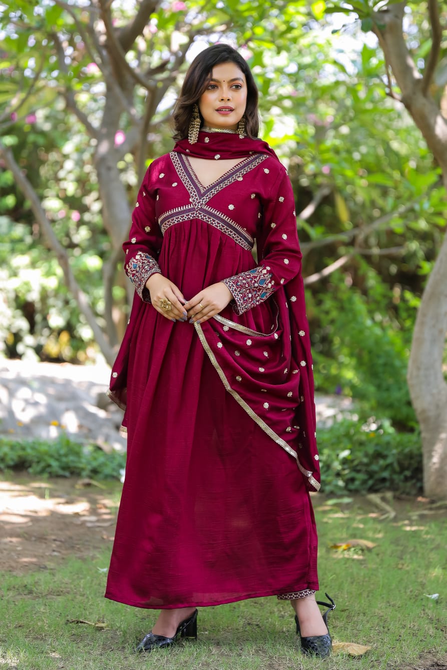 Wine Silk Readymade Anarkali Suit