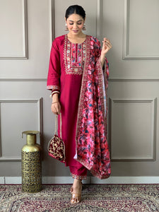 Floral Yoke Design Thread Work Chanderi Silk Straight Kurta And Trousers And Dupatta