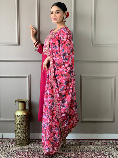 Floral Yoke Design Thread Work Chanderi Silk Straight Kurta And Trousers And Dupatta