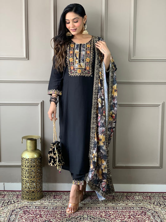 Black Chanderi Embroidered and Print Work Pant Style Suit for Women