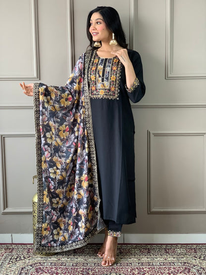 Black Chanderi Embroidered and Print Work Pant Style Suit for Women