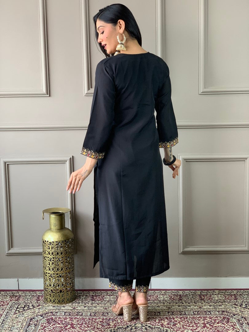 Black Chanderi Embroidered and Print Work Pant Style Suit for Women