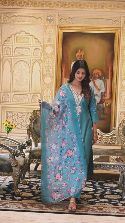 Majestic Teal Blossom Design Kurta Set with Embellished Detailing and Duppata