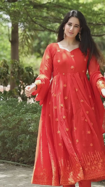 Vibrant Orange Anarkali with Delicate Floral Embroidery and Matching Dupatta